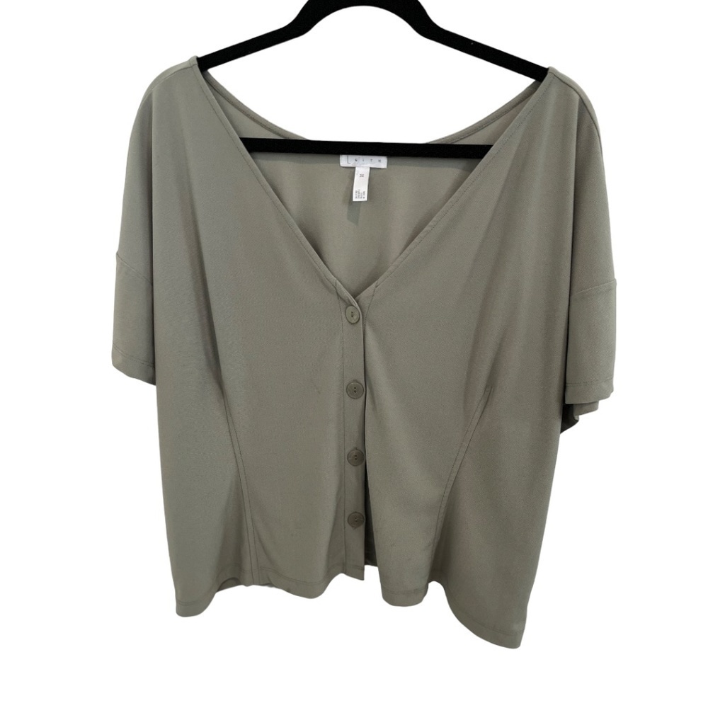 Leith Plus Size Button Front V Neck Top.Sage Green Size 3X